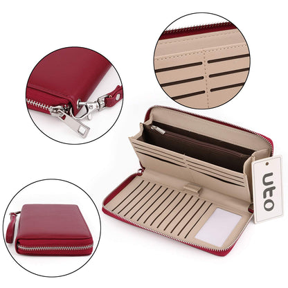 UTO Purses for Women Mother Mum Zip Around Ladies Card Wallet Checkbook Passport Organizer Travel Clutch with Wristlet Synthetic Leather Red