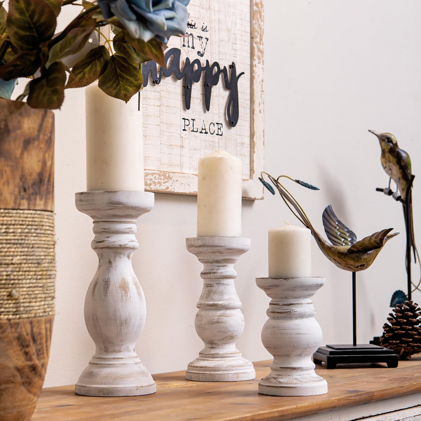 NIKKY HOME Farmhouse Rustic Wood Pillar Candle Holders Set of 3, White