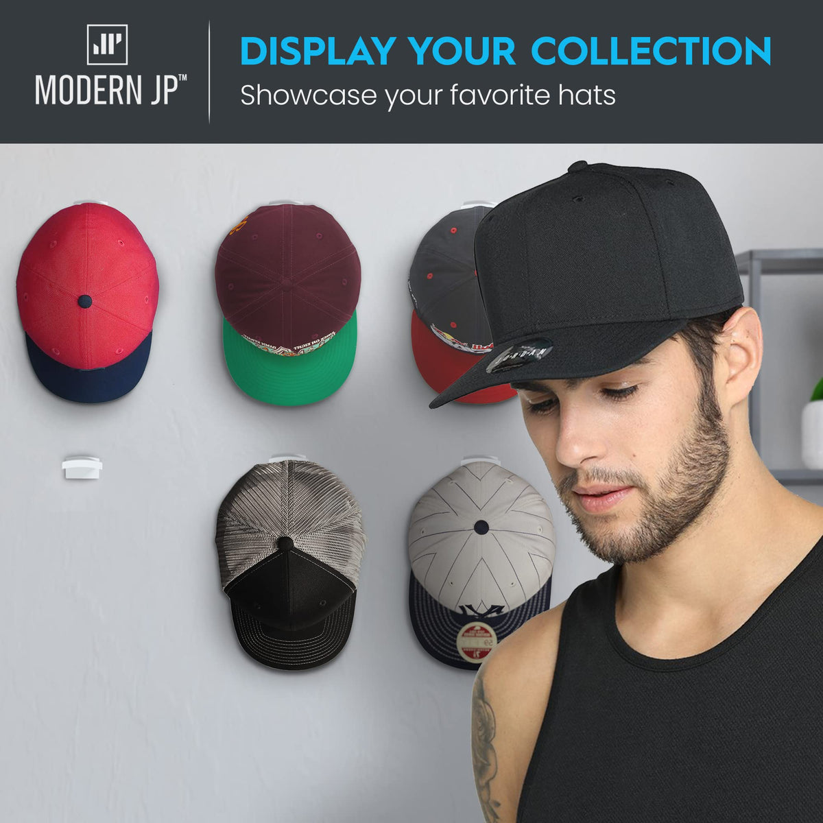 Modern JP Adhesive Hat Hooks for Wall (16-Pack) - Minimalist Hat Rack Design, No Drilling, Strong Hold Hat Hangers - USA Patented, White