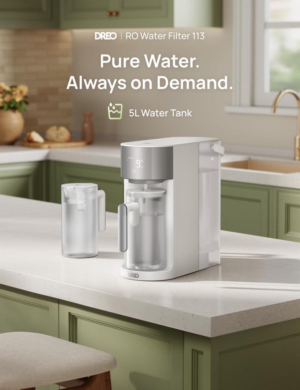 DREO Reverse Osmosis Water Filter Countertop, RO Filtration System, 3:1 Pure to Drain, TDS & Filter Life & 2 Autofill Pitchers, Self-Cleaning Water Purifier, RO Water Filter