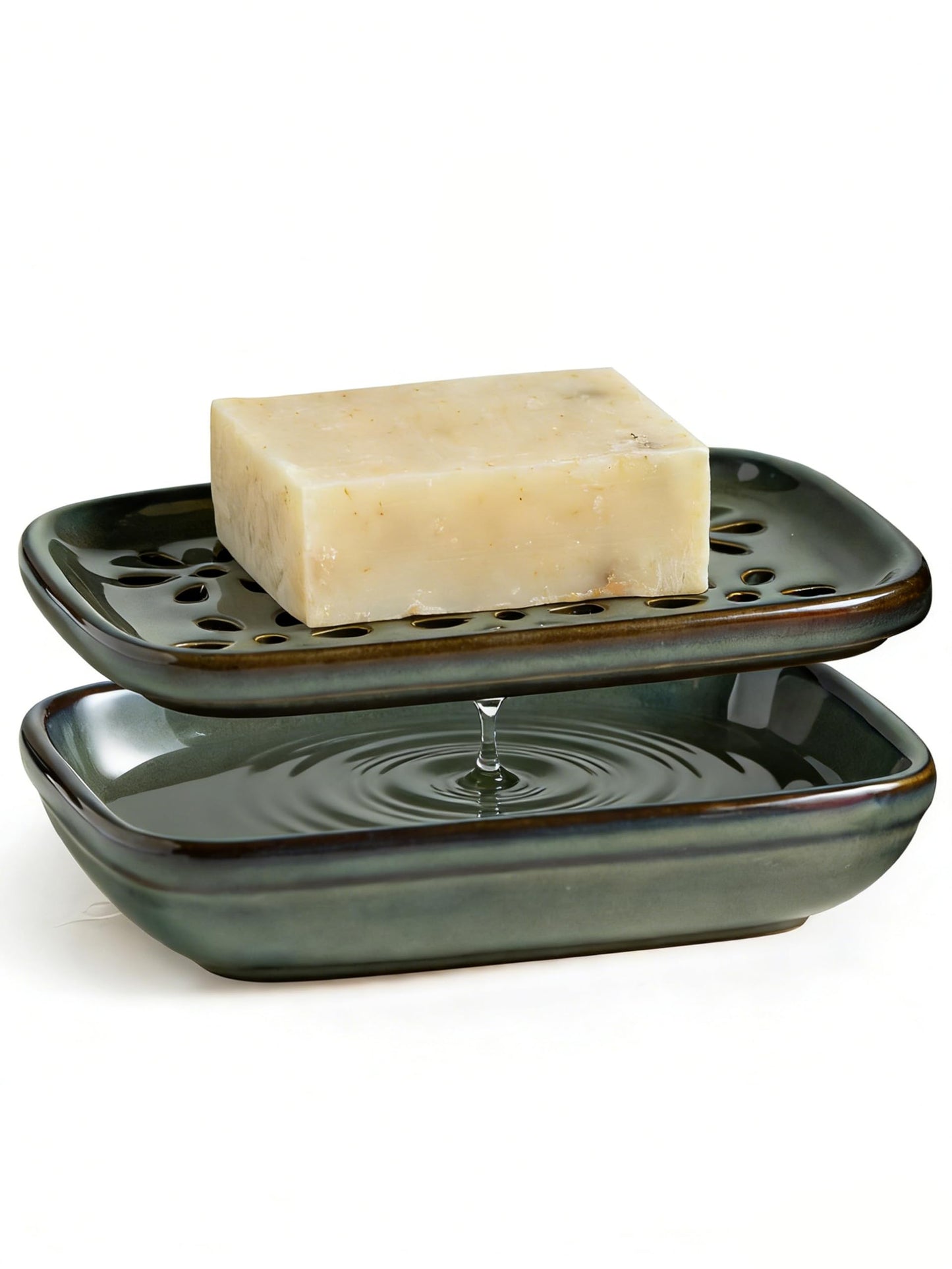 Miamolo Ceramic Soap Dish for Shower, Bar Soap Holder with 2 Layer Draining Soap Tray for Bathroom Sink Tub and Kitchen, Water Collection Tray Mess-Free Soap Dishes Container Saver, Gray Blue