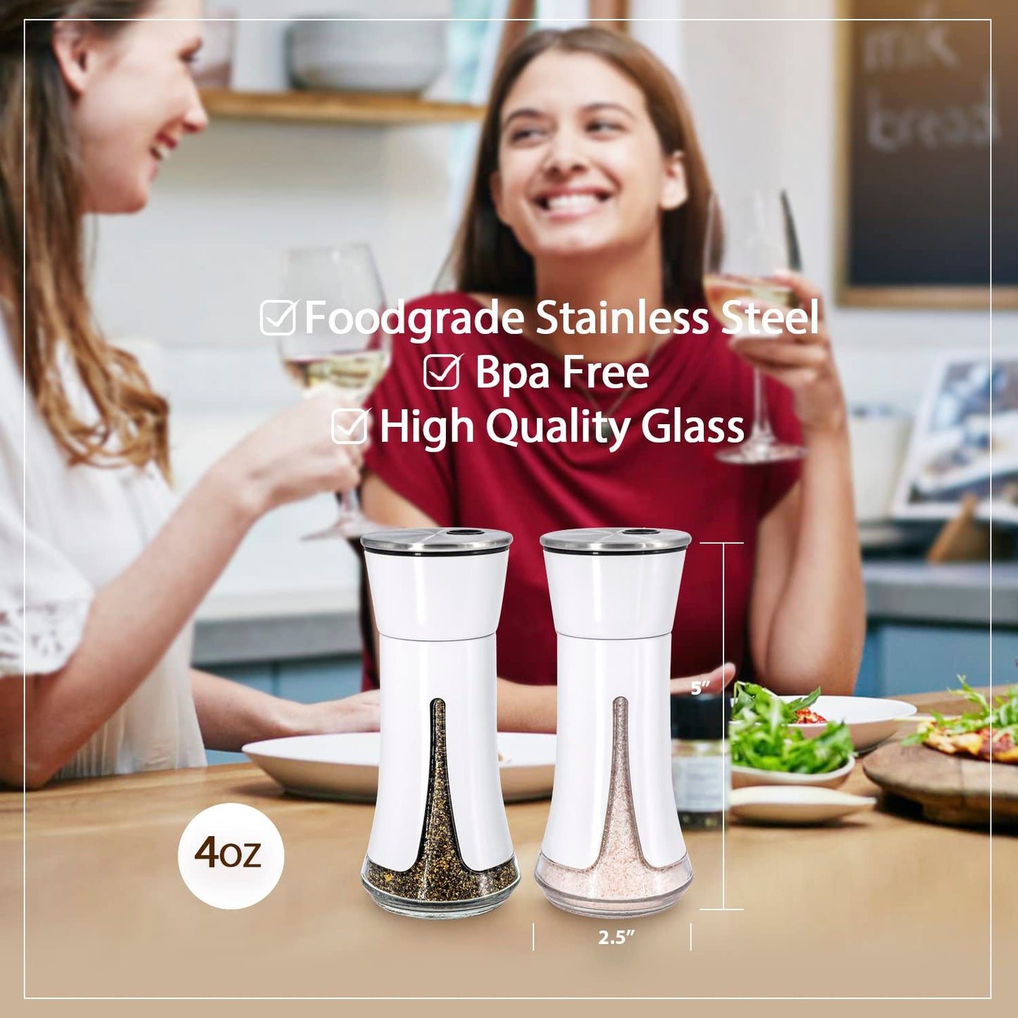 White Salt and Pepper Shakers by Aelga, Salt Shaker with Adjustable Pour Holes, White Kitchen Accessories, Decor for Kitchen,Restaurants,Camp,BBQ
