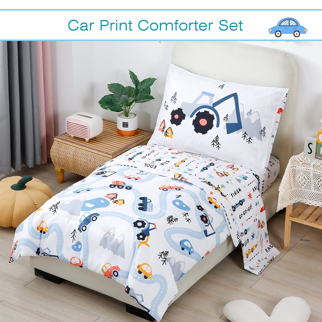 PERFEMET Car Toddler Bedding Kids 4 Pieces Bed in A Bag for Boys Vehicles Truck Toddler Girl Comforter Sets with Bed Sheets Modern Bedroom Collection, White