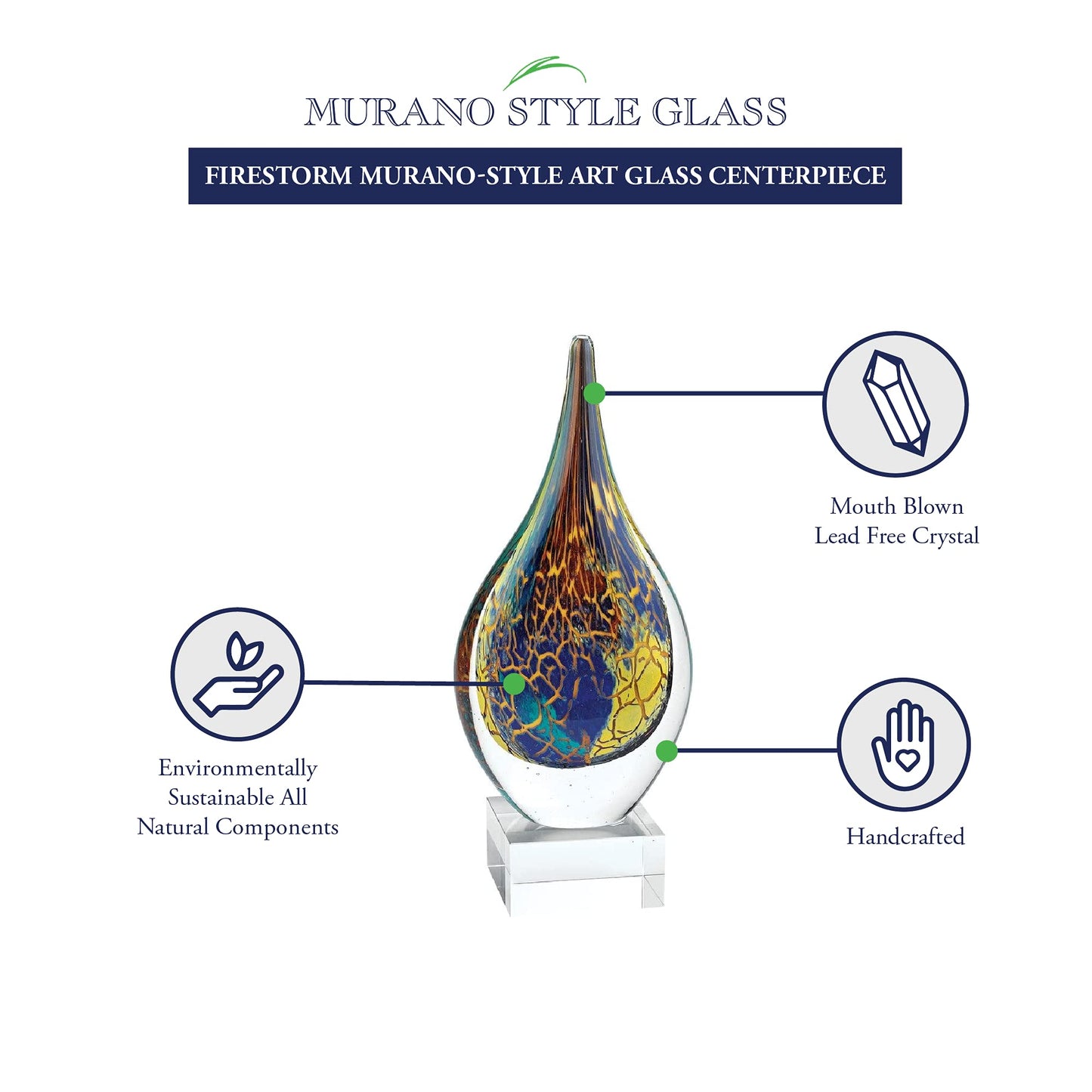 Badash Firestorm Murano-Style Art Glass Teardrop Sculpture Decor, 11 Inch