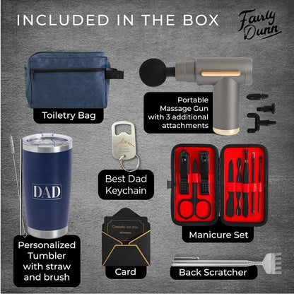 Fairly Dunn Luxury Dad Gift Box with Deep Tissue Massage Gun – Ultimate 7-Piece Birthday Set Includes 20oz Tumbler, Toiletry Bag & Grooming Kit – Premium Father’s Day Gift Basket