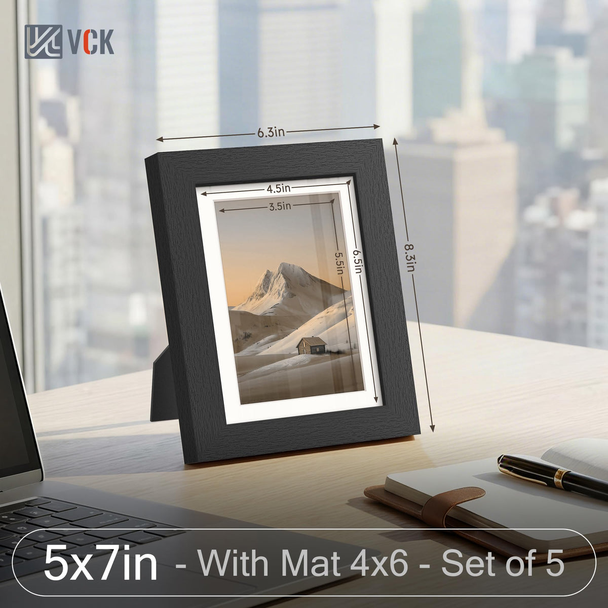 VCK 5x7 Picture Frame Black - 5 Pack, with Tempered Glass, Displays 4x6 Photo with Mat or 5 x 7 Without, for Horizontal/Vertical Tabletop & Wall Hanging in Home, Office, or Gallery
