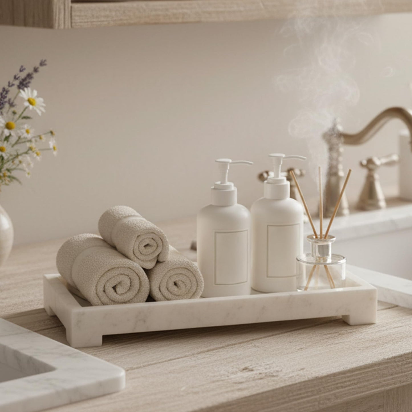 Dreamy Walls Banswara White Marble Vanity Tray - 11×4 Inch | Marble Tray for Bathroom, Perfume, Jewellery & Dressing | Trinket Tray, Bathroom Tray for Toiletries | Anti-Slip | Handmade in India