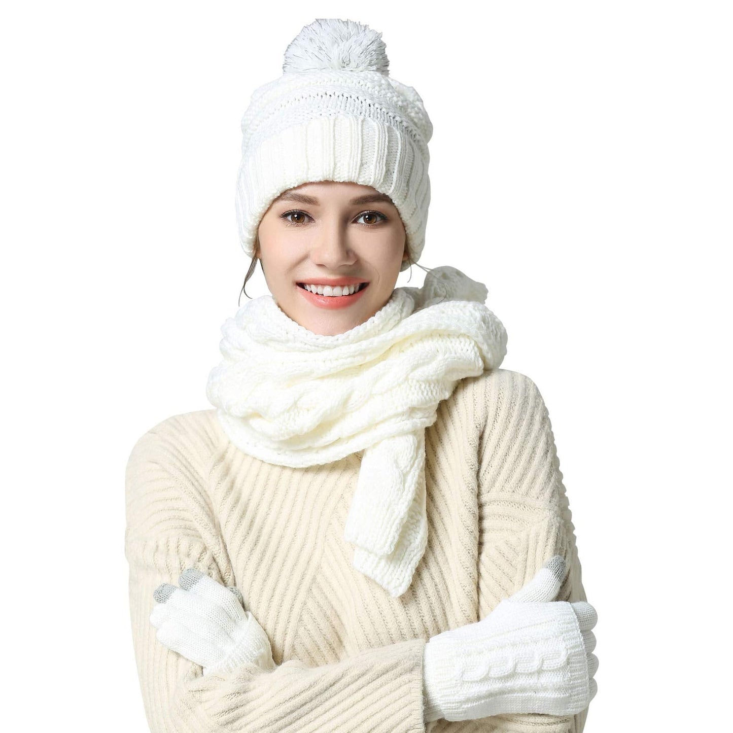 Winter Hat Gloves Scarf Set for Women, Cable Knit Beanie Pom Cap Touch Screen Glove Long Scarf 3PCS Winter Gift for Women Men