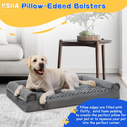 KSIIA Large Dog Bed, Orthopedic Dog Sofa Beds Pet Bed, Dog Couch with Removable Washable Cover, Waterproof Dog Bed, Pet Sofa with U-Shape Bolster, Grey 90x57x16cm