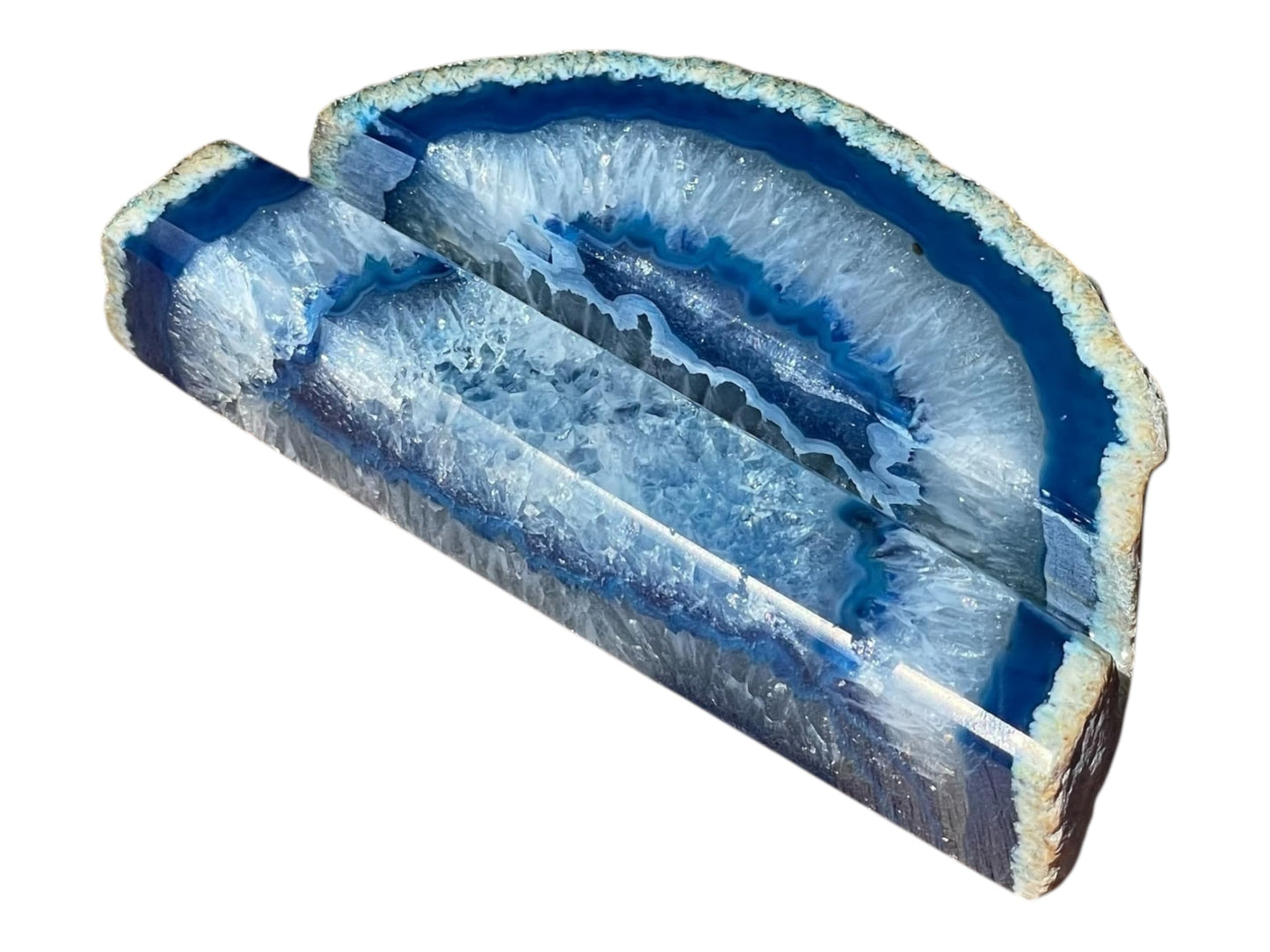 Craftsman Stoneworks Handcrafted Blue Agate Business Card Holder from Brazil - Elegant Desk Organizer and Display Stand for Women and Men - Unique Stone Art Piece (Blue)