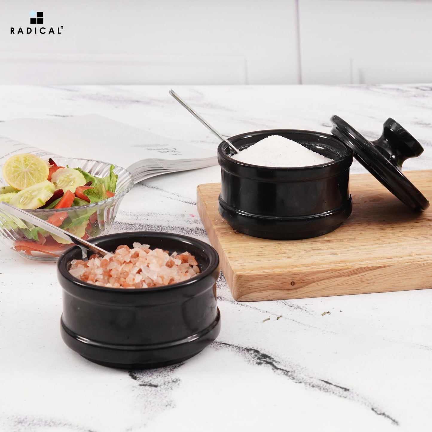 Radicaln Handmade Marble Black 5.5” Dual Salt Cellar With Lid – 2.3” Each Salt and Pepper Bowls Kitchen Container Storage Set – Ideal for Jewelry, Butter Keeper, Sugar & kitchen Décor