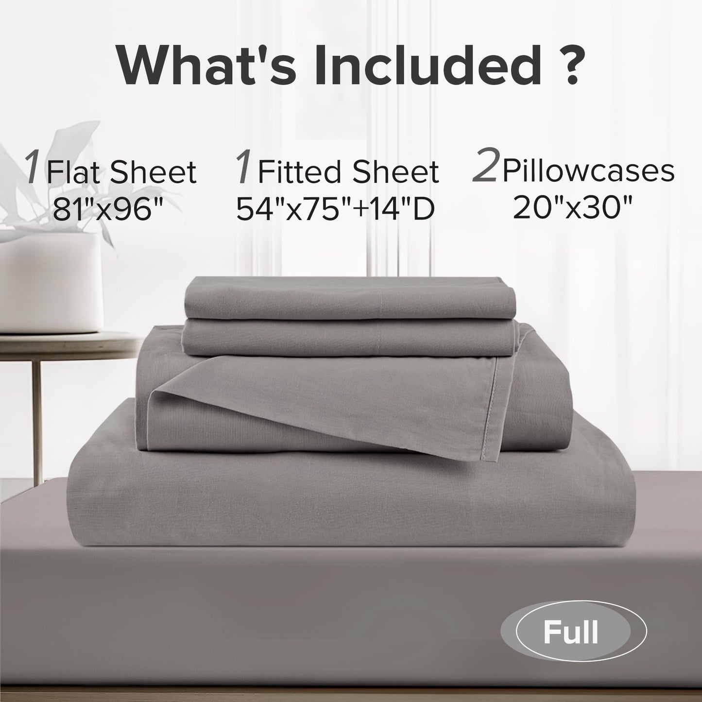 Comfort Spaces 100% Cotton Sheets Full, Breathable & Ultra Soft Cotton Sheets, Naturally Cool Cotton Bed Sheets with 14" Elastic Pocket Fits up to 16" Mattress, All Season Sheet Set, Dark Gray 4 Piece