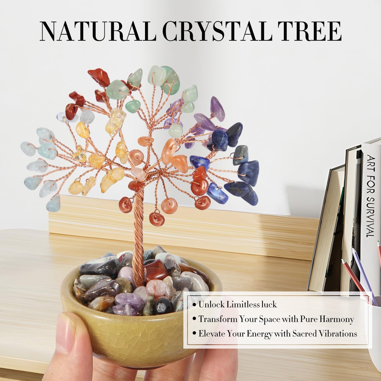 7 Chakra Crystal Tree with Ceramic Base,Natural Gemstone Feng Shui Money Tree for Wealth,Good Luck & Positive Energy,Handmade 5 Inch Healing Abundance Bonsai for Home Office Decor