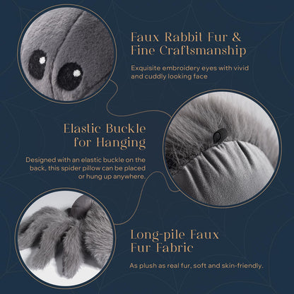 Phantoscope Happy Halloween Spider Shaped Throw Pillow, Faux Fur Fluffy Tarantula Shaped Halloween Cushion Pillow, Deep Gray, 9.5 x 16 inch