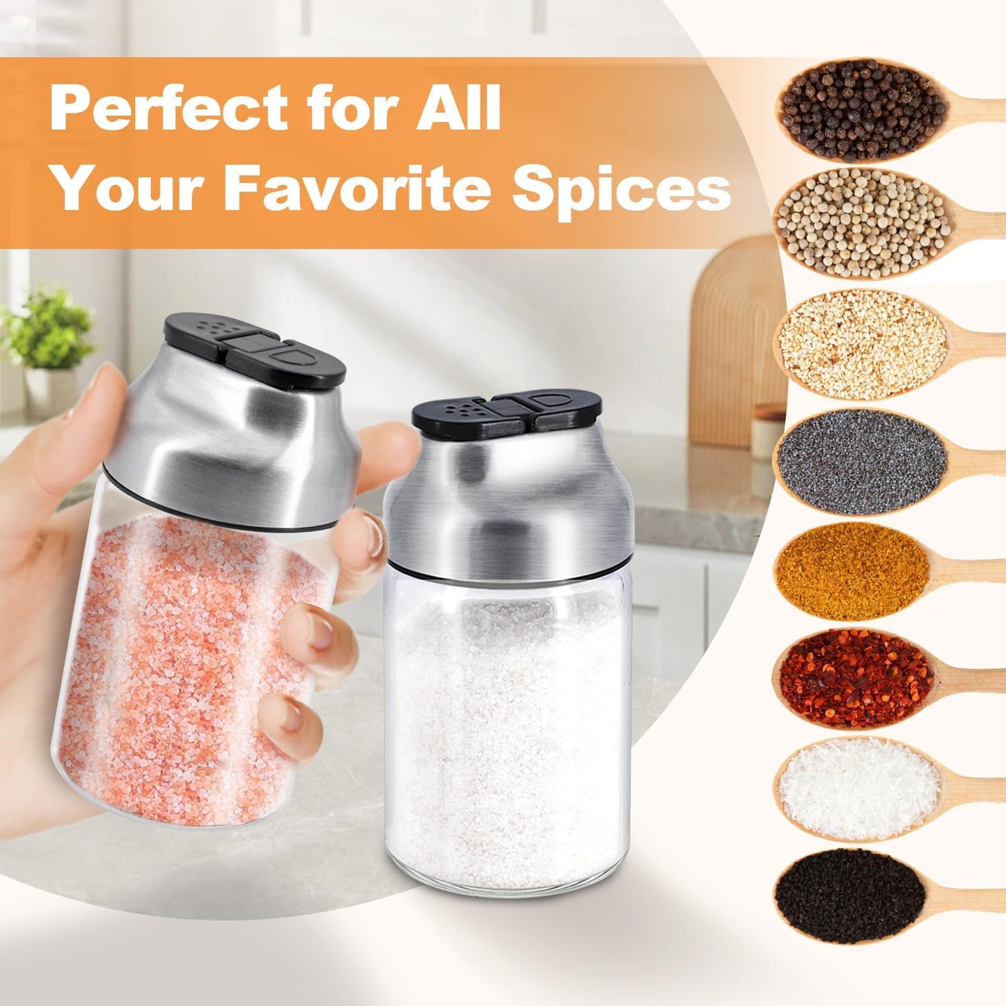 Aelga Salt and Pepper Shakers Set - 5 OZ Glass Salt Shaker with Adjustable Pour Holes - Sugar Dispenser with Stainless Steel Lid - Elegant Kitchen Table Accessories