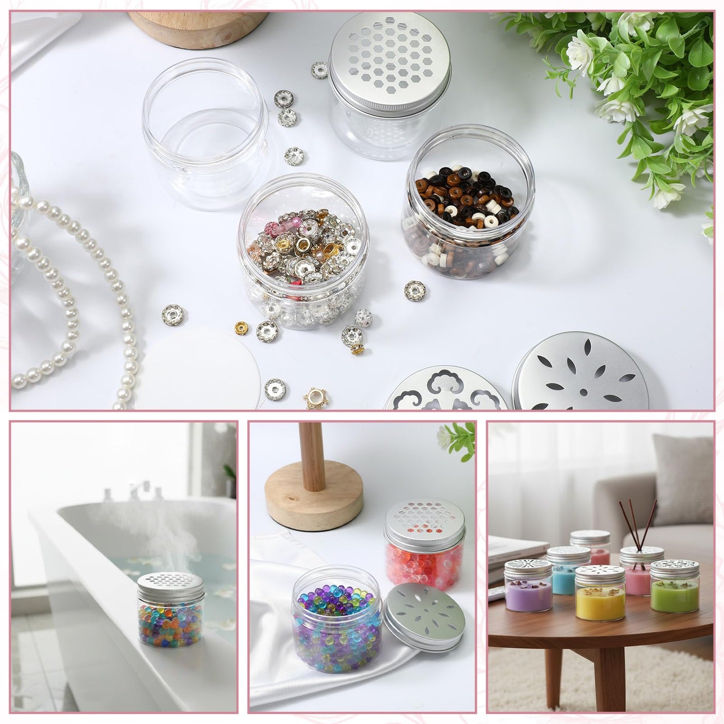 HANLANXUE 12 Pcs 150ml 5 OZ Scented Beads Container 4 Styles Air Freshener Solid Perfume Aroma Diffuser with Hollow Lids Empty Storage Containers Round Jars Sample for Aromatherapy