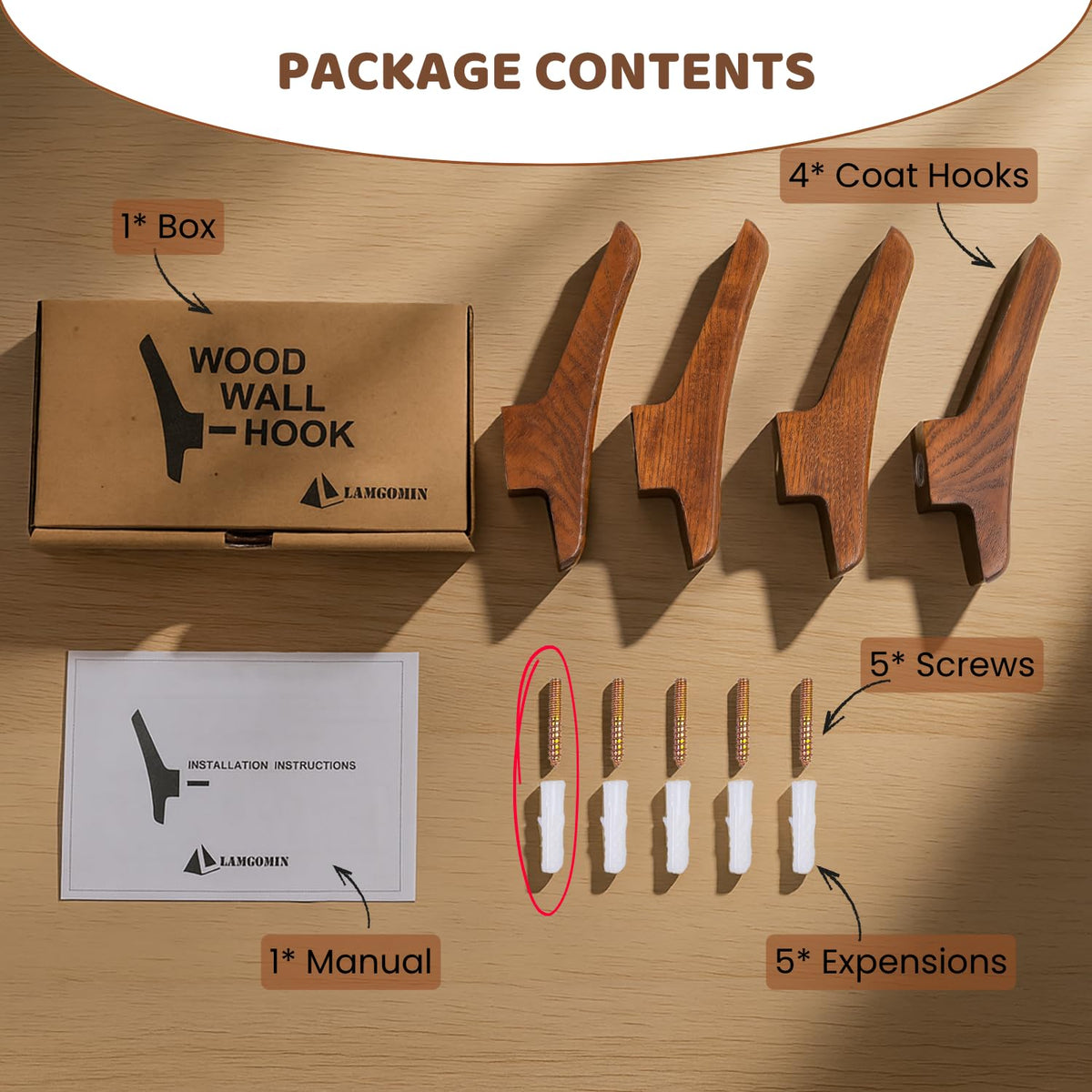 LAMGOMIN Wood Wall Hooks, Rustic Wood Coat Hooks, Minimalist Hat, Backpack, Jacket, Towel Hangers, Decorative Mounted Pegs, Durable Wall Hooks for Entryway, Bathroom and Kitchen (Brown V2, 4 Pack)