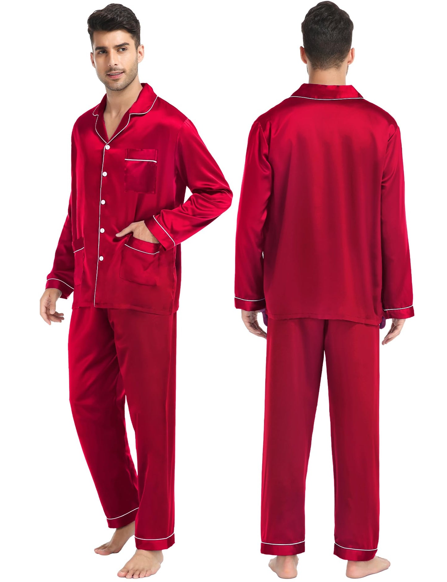 SWOMOG Couples Matching Pajamas Set Women & Men Satin Long Sleeve Sleepwear Soft Button Down Pj Set Silk Loungewear Women Reda Medium