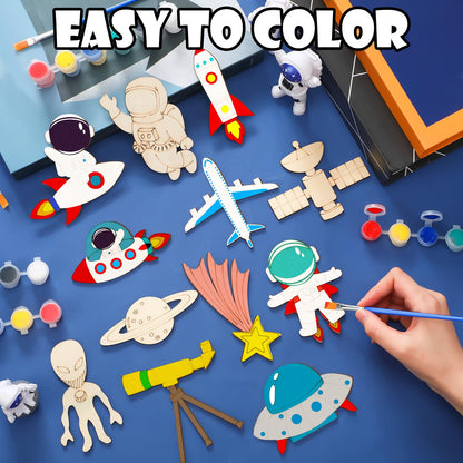 JellyArch 24 Pcs Unfinished Wood Cutouts Space Paint Kit Set and DIY Crafts for Classroom School Birthday Gifts Paint Your Own Painting Bulk Kits and Crafts