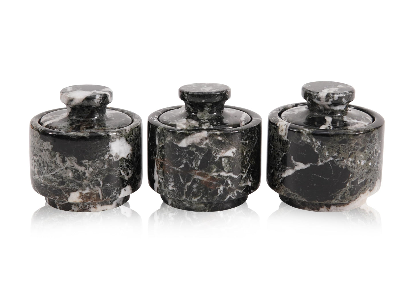 EARTHENTONES Marble Salt Cellar Set of 3 Zebra Black, 3 Inch Spice Storage Jars with Lid, Marble Sugar Keeper Tea Coffee Canister Set, Celtic & Maldon Sea Salt Holder, Luxury Countertop Home Gift