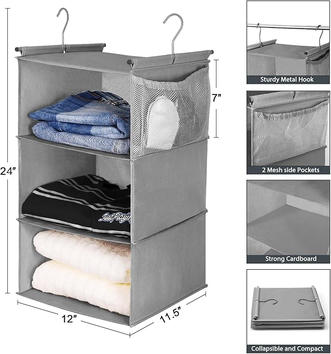 MAX Houser 3 Tier Shelf Hanging Closet Organizer, Space Saver, Closet Hanging