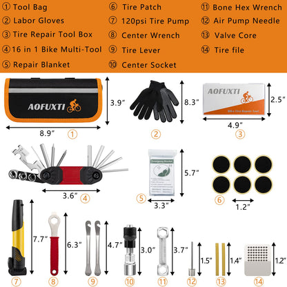 AOFUXTI Bicycle Tire Patch Repair Kit, Bike Chain Repair Wrench, Essential Mini Pump, Portable Adult Bicycle Toolkit Accessories,Tool Kit for Camping Travel, Best Gifts for Men and Women