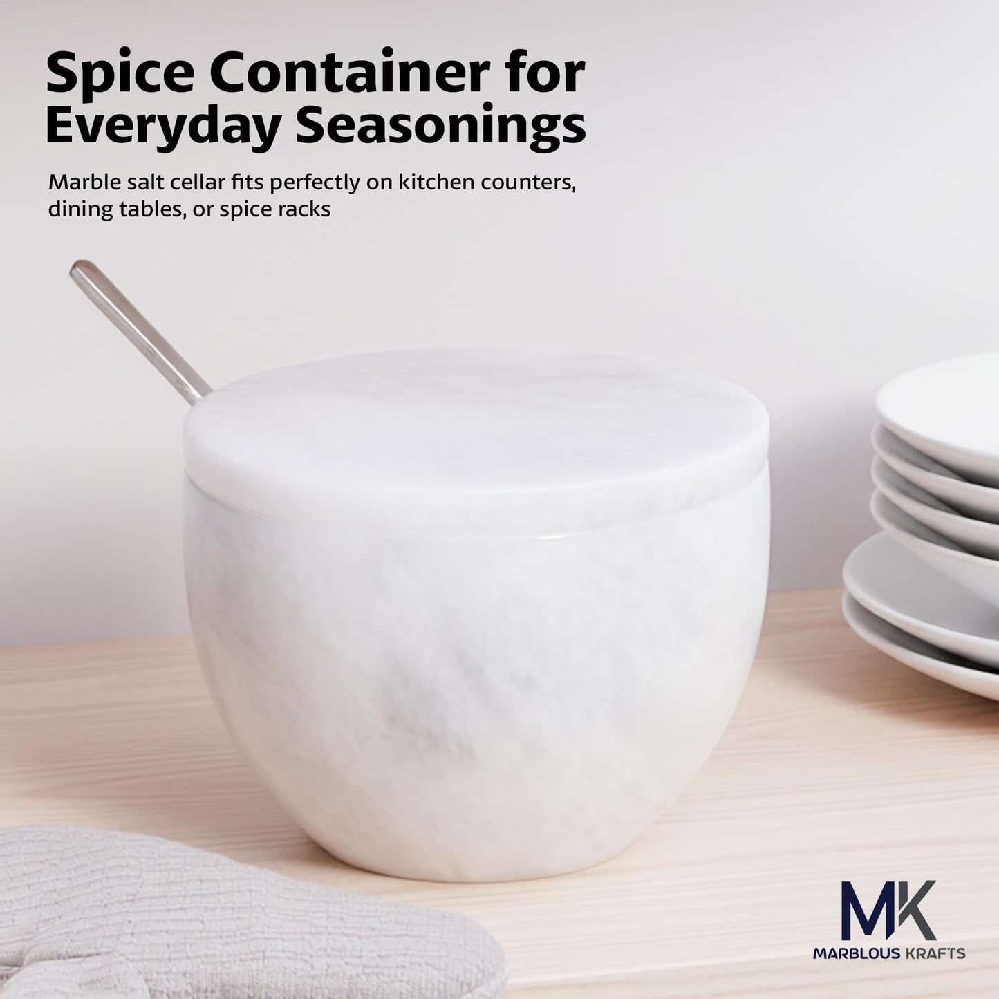 MARBLOUS KRAFTS Marble Salt Holder with Lid and Spoon 3 x 4 White Spice Jar for Kitchen Countertop, 4.7 oz, Ideal Seasonings, Sugar Bowl, and Celtic Salt Storage, Brown Sugar Keeper