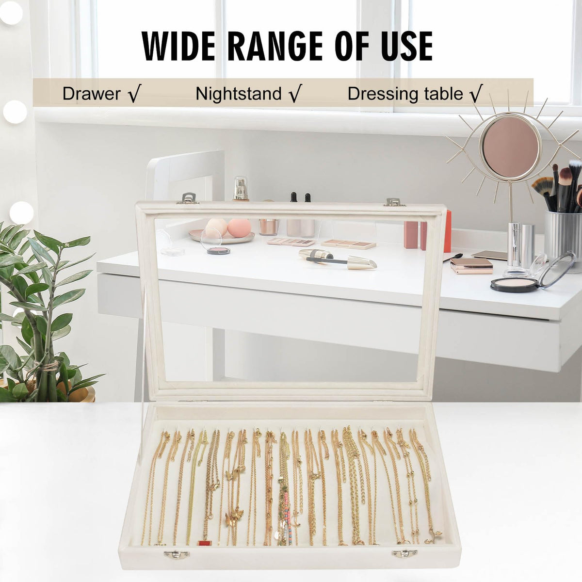 Siveit Necklace Organizer Box Premium 20 Hooks Velvet Necklace Display Jewelry Tray with Transparent Lid Jewelry Necklace Display Box for Necklace Pendants Suitable for Women and Girls (Beige)