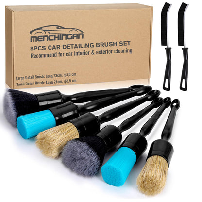 Menchingan Car Detailing Brushes Set, 8-Piece Auto Detail Cleaning Brush Tool Kit in Ultra-Soft/Middle/Hard, Crevice Brush for Car Interior & Exterior, Leather, Air Vents, Emblems, Wheels Wash & Care