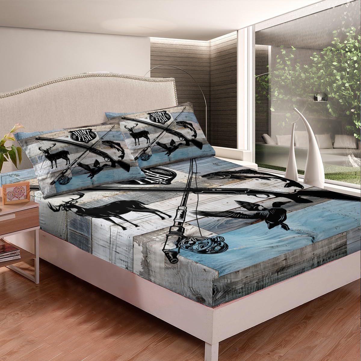 Castle Fairy Hunt Fish Fitted Sheet Full Size 4pcs,Deer Bird Fish Animal Hunting,Bedding Sets(1 Fitted, 1 Flat, 2 Pillowcases) Rustic Retro Wooden Board Luxury Deep Pocket Bed Sheet Set, Polyester