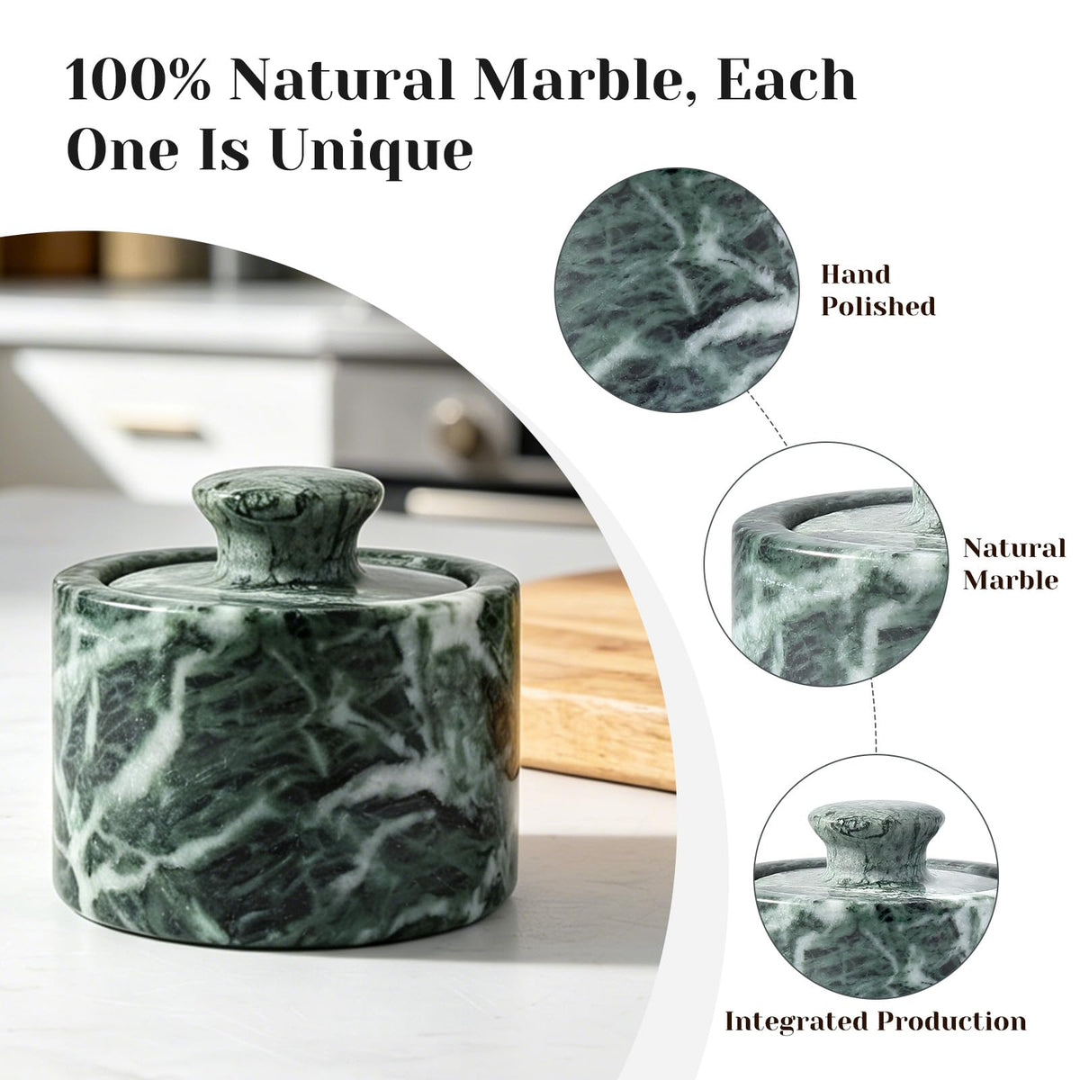Koville Green Marble Salt Cellar with Lid 3.5", Stone Pepper Container & Spice Jars for Kitchen, Marble Salt and Pepper Holder, Stone Storage Box for Kitchen Counter, Spice Jar (Verde Alpi Green)