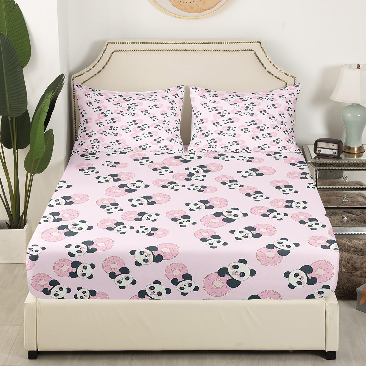 Donuts Fitted Sheet Panda Bedding Set for Kids Boys Girls Teens Decor Cute Panda Bear Printed Bed Sheet Set Whimsical Dessert Print Bed Cover No Flat Sheet 2Pcs Twin Size