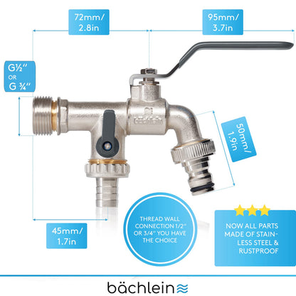 Bächlein Universal Double Outlet Tap for The Garden [Anthracite] incl. 2 Hose Connections - Noble Double Water Tap with 1/2 and 3/4 Inch Connection, Double Ball Outlet Valve