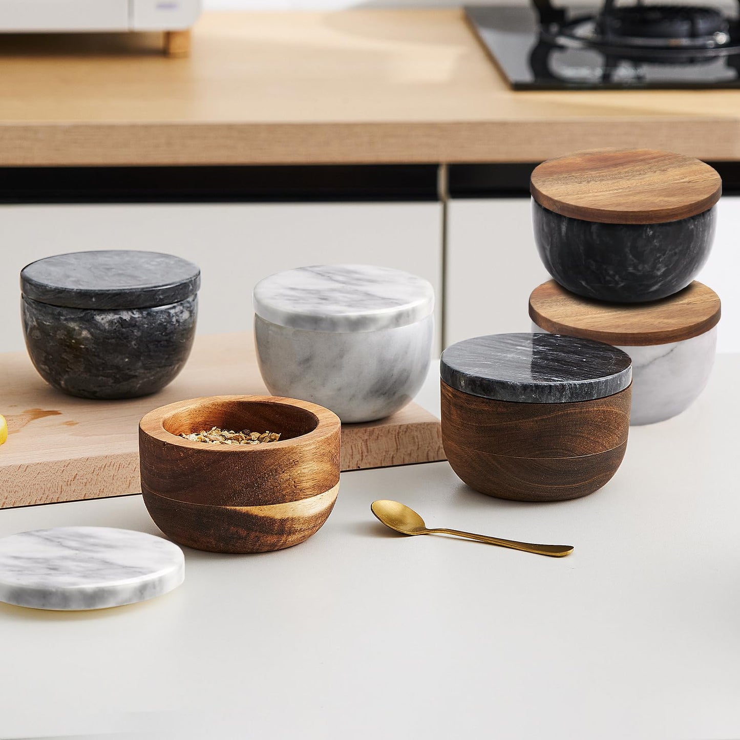jalz jalz Large Acacia Wood Salt Cellar with Marble Lid - 10oz Heavy Salt Box Pepper Pinch Pot with Spoon - Natural Solid Wood Spice Container Decorative White Grey Marble Cover for Kitchen Counter