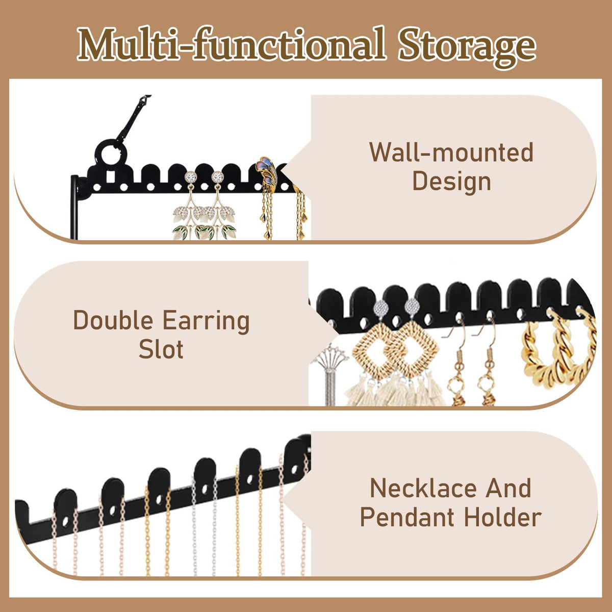 milylove 6 Tier Earring Holder Wall Mounted Hanging Earring Organizer, Earring Display Storage with 123 Holes and 129 Grooves Jewelry Organizer Tree for Stud/Hoop/Dangle Earrings Necklace（Black）
