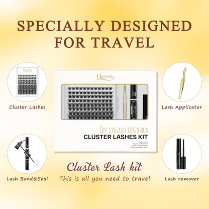 Individual-Lashes 144 Cluster-Lashes QUEWEL DIY Eyelash-Extensions-Kit, Clusters Eyelash Applicator, Cluster Lashes Bond and Seal Super Hold, Clusters Lash Glue Remover Easy to Remove(QU-RR-DH-01)