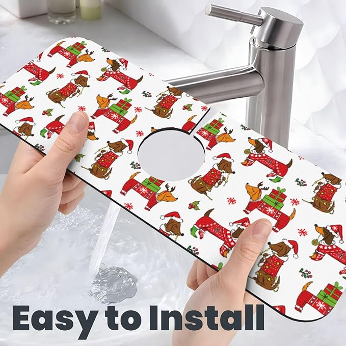 Christmas Dachshund Dog Happy New Kitchen Sink Splash Guard Faucet Mat 1 Pcs