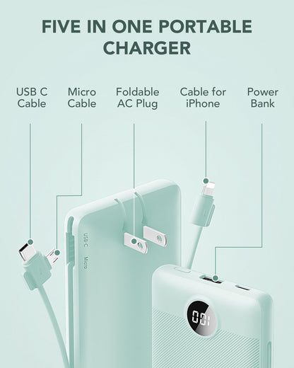VRURC Portable Charger Built-in Cables and AC Wall Plug, USB C Power Bank 10000mAh, Travel Battery Portable Phone Charger Compact Lightweight External Battery Pack for Smart Phones, Tablets etc-Green
