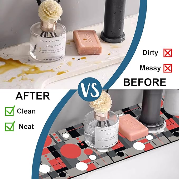 Abstract Geometric Sink Splash Guard Faucet Mat Vintage Tile Super Absorbent