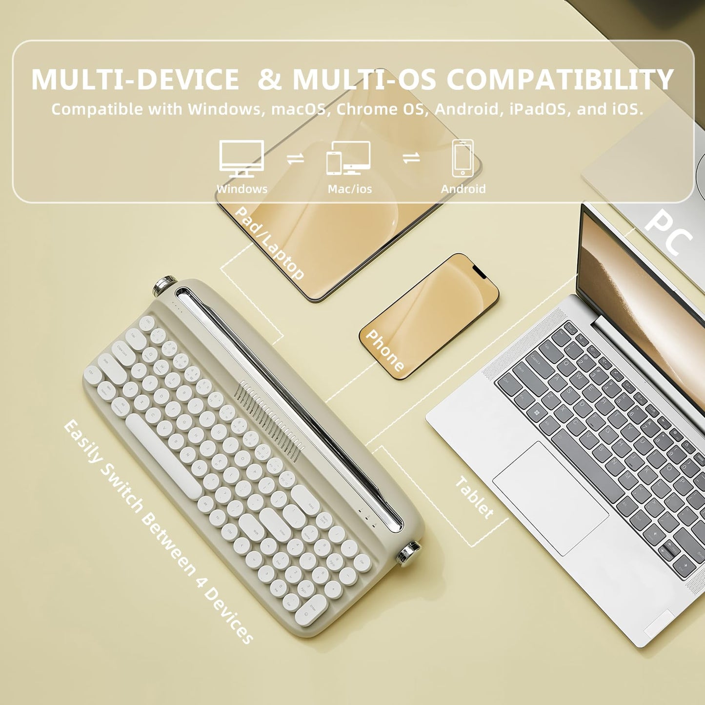 YUNZII Upgraded Wireless Typewriter Keyboard,with Retro Integrated Stand,USB-C/Bluetooth,Cute Round Keycaps, USB-C/Bluetooth Connection for Table, Phone, PC and Win/Mac/Android (B309, Baby Pink)