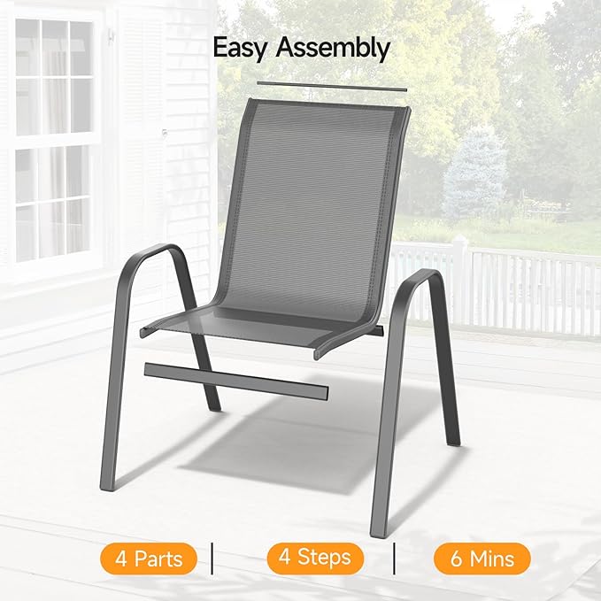 ONBRILL Patio Chairs set of 4, Easy Assembly Stackable Outdoor Dining Chairs with Wide Seat and Sturdy Metal Frame, Breathable All Weather Textilene Outdoor Chairs Set of 4 for Deck, Pool, Porch, Grey