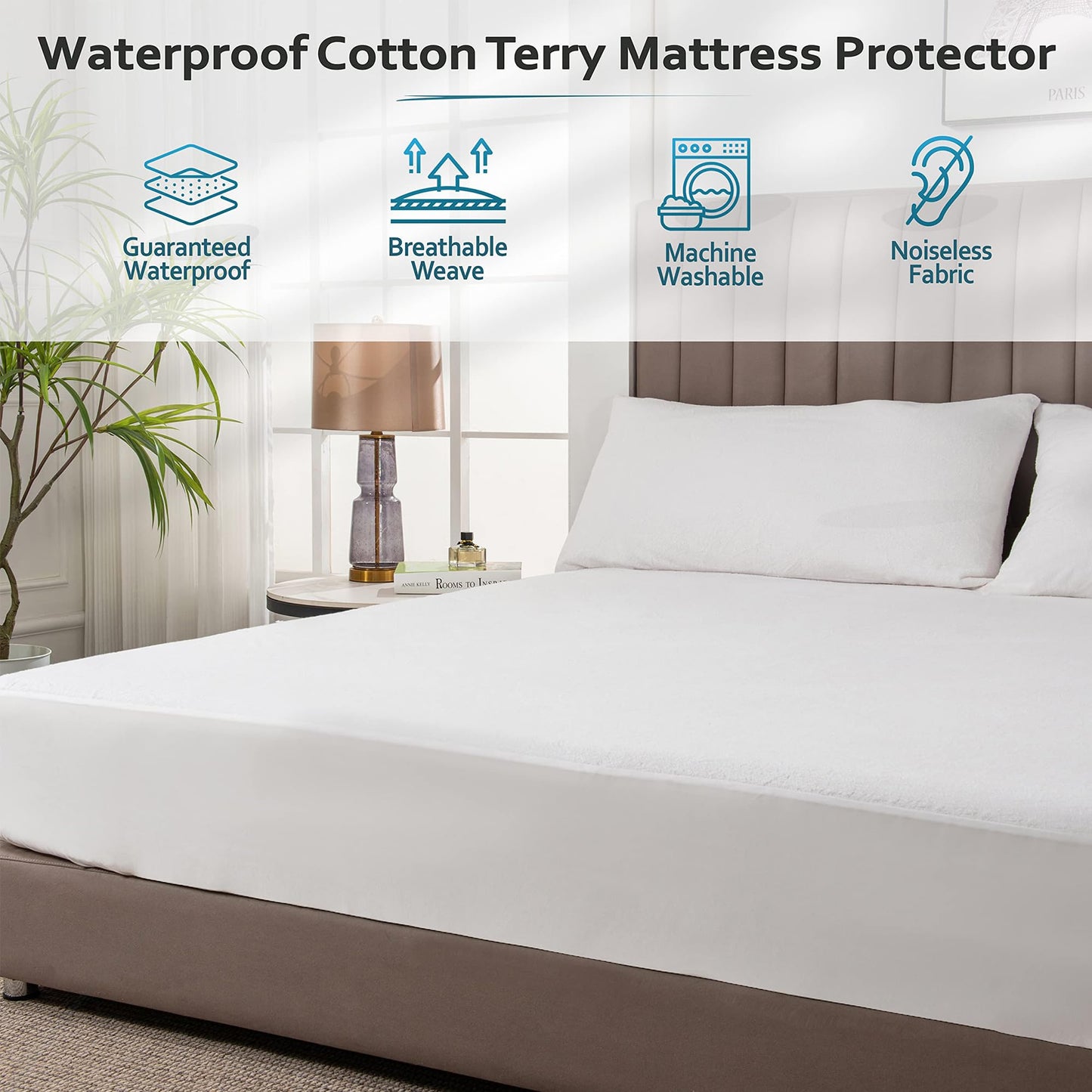 PlushDeluxe Queen Mattress Protector, Breathable Soft Terry Cotton Fitted Sheet Bed Cover with Deep Stretchable Pockets, 100% Waterproof, Noiseless, Hypoallergenic, Dust Mite Proof, 60"x80"x15"