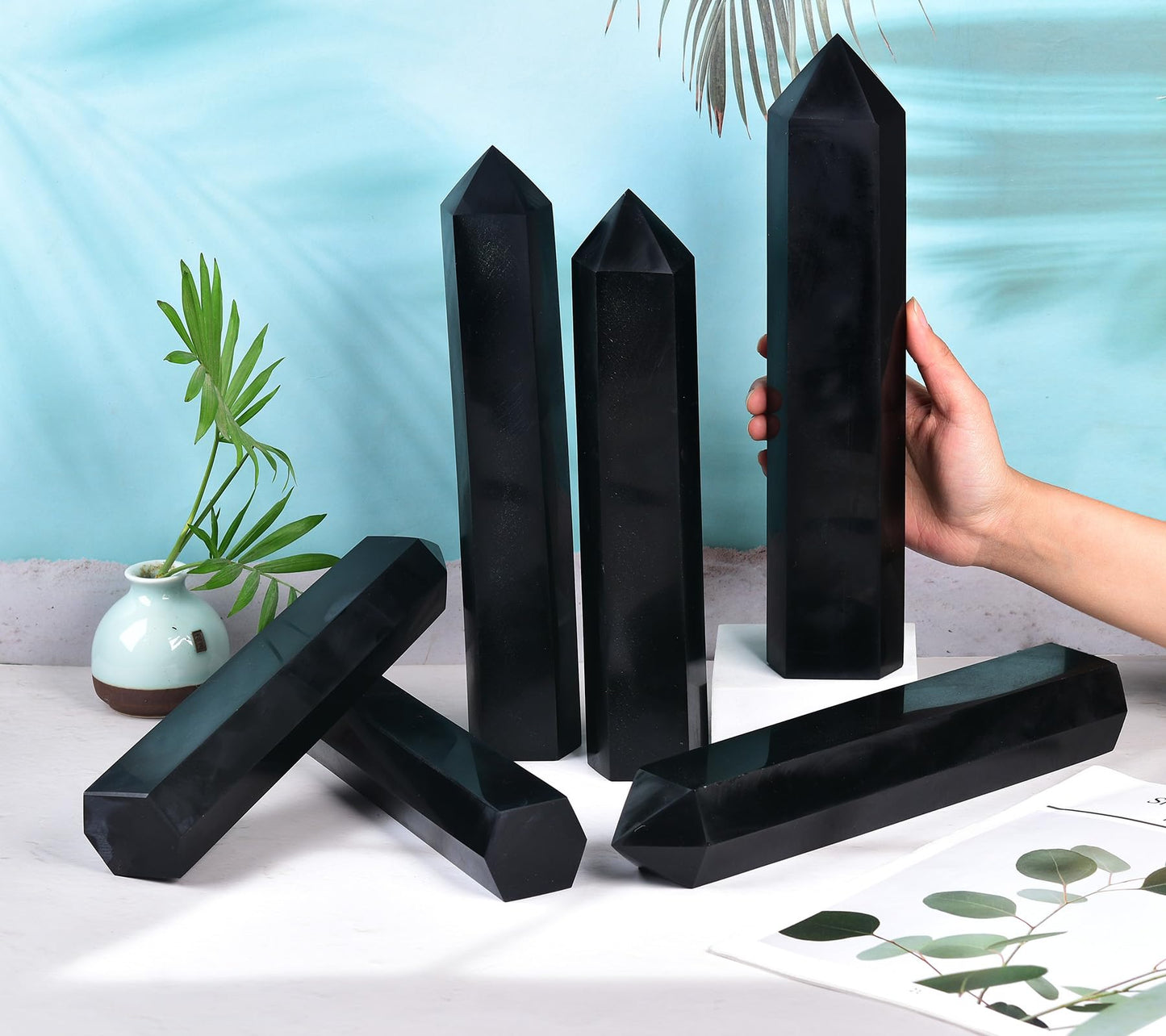 AMOYSTONE Obsidian Crystal Tower 4-4.5 Lbs Protective Stone Wand Natural Hexagonal Obelisk Column Centerpiece for Bookshelf Entryway Hallway Stand Focal Point Tabletop