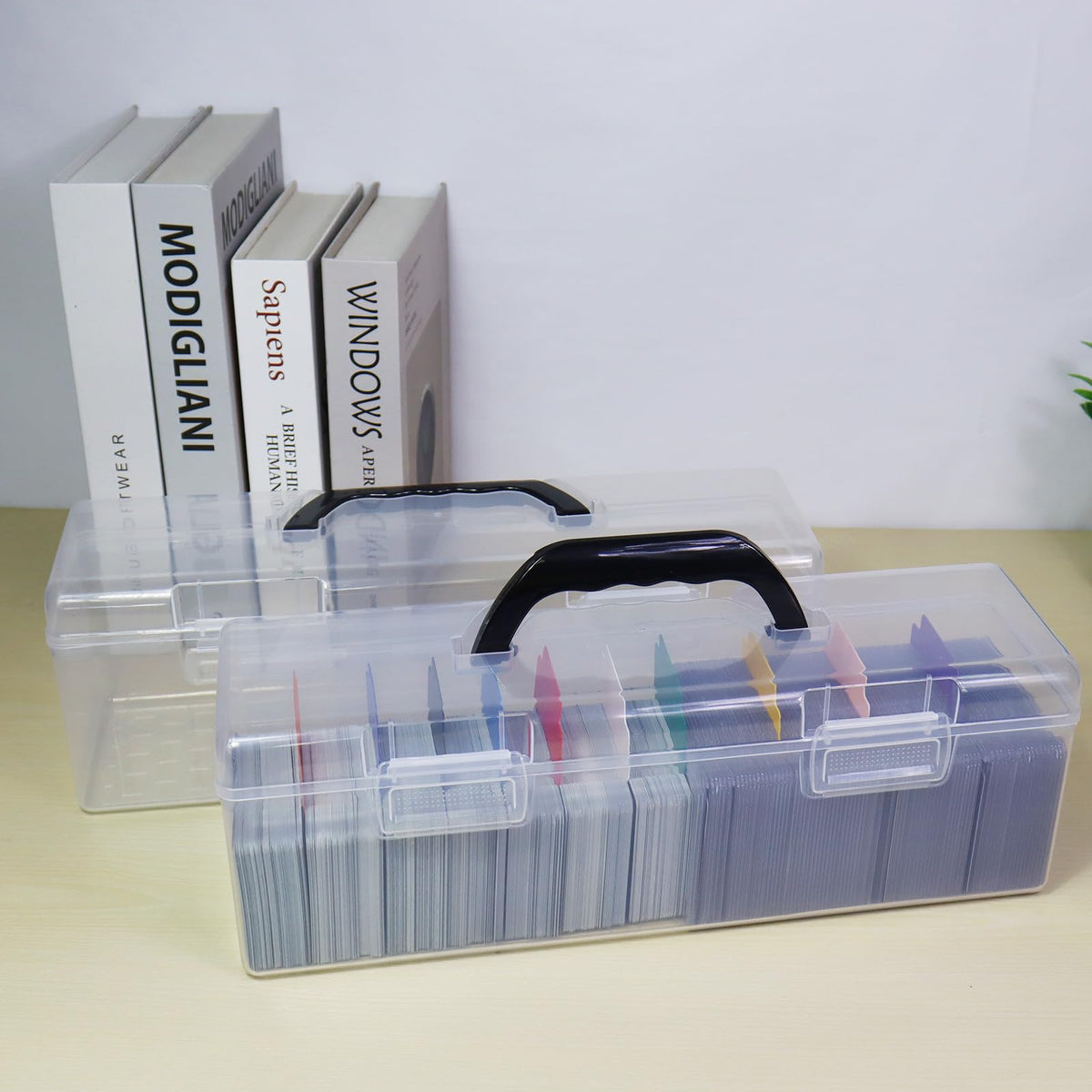 Plastic Trading Card Storage Box, Toploader Baseball Football Sports Card Storage Case with Handle, Clear Playing Card Holder, Holds Up to 200 Toploaders 750 Cards, Fit for Toploader and Standard Card
