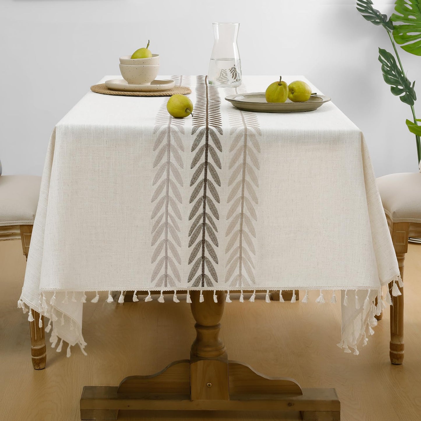 Softalker Outdoor Linen Tablecloth Rectangle, Waterproof Cotton Boho Farmhouse Table Cloths with Tassel, Heavy Weight Wrinkle Free Table Cover for Picnic Camping Dining - 55 x 70 Inch, Wine Leaf