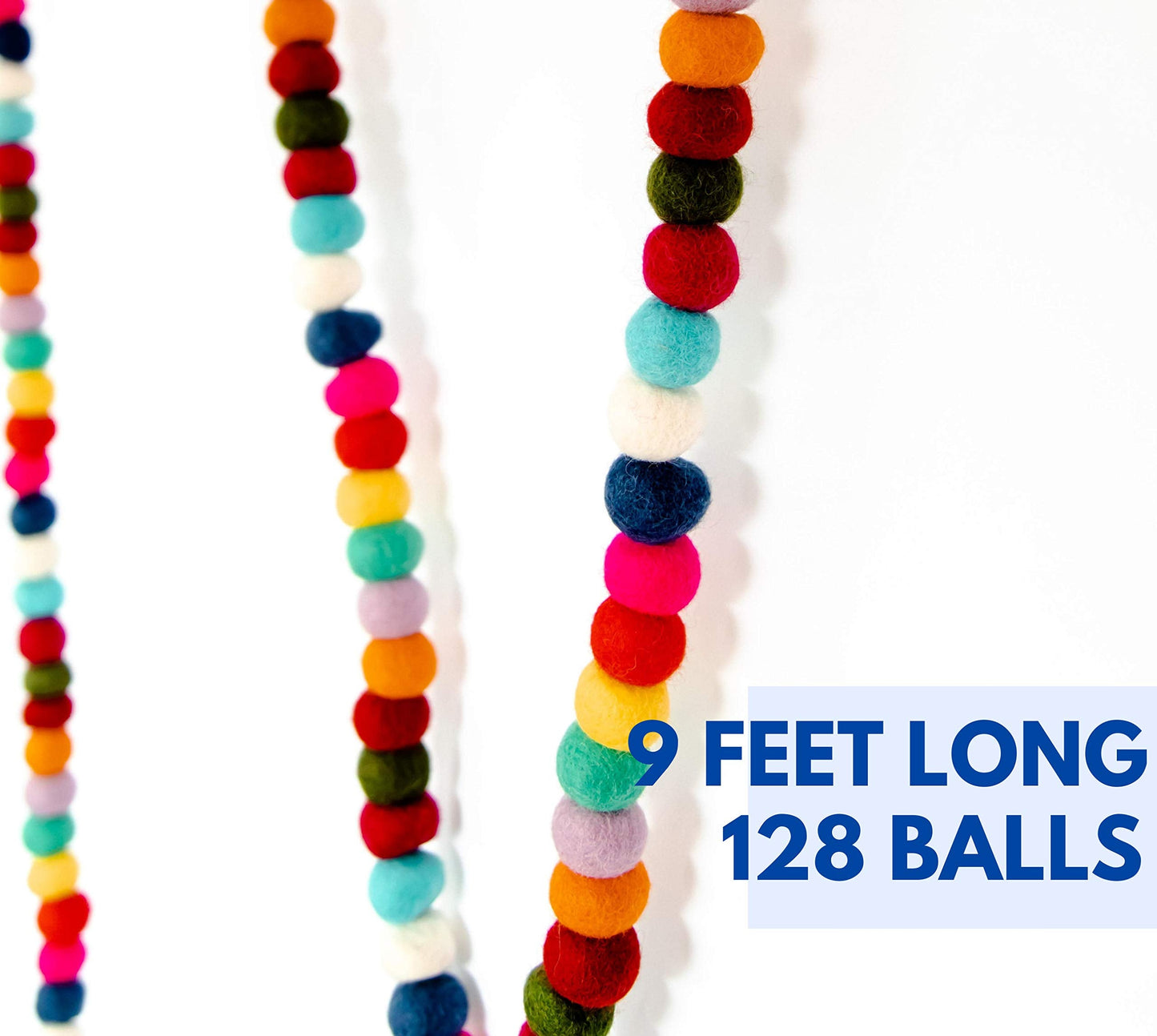 Peachy Party Colorful Felt Ball Pom Pom Garland | 9 Ft | Spring, Easter, Birthday, Christmas Decor | 100% Wool Felt | Boho Rainbow