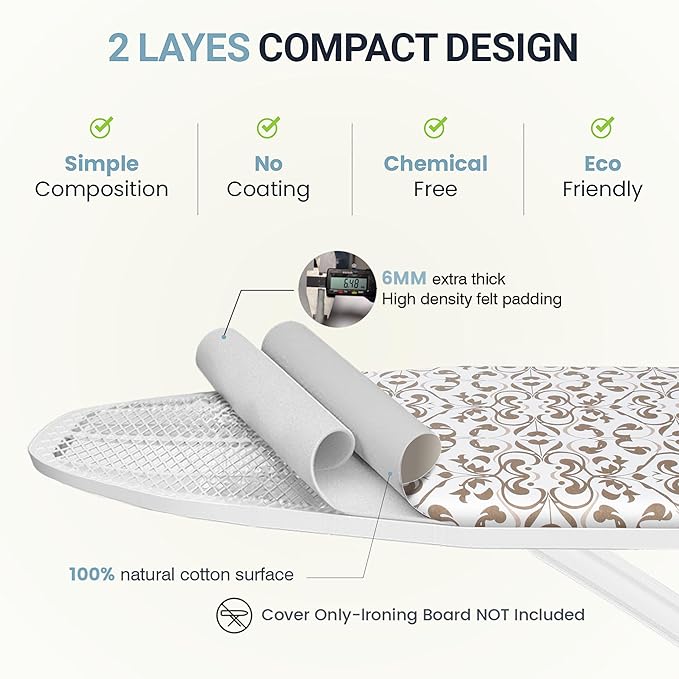 Ironing Board Cover and Pad 18"x49" Extra Thick Natural Cotton, Scorch and