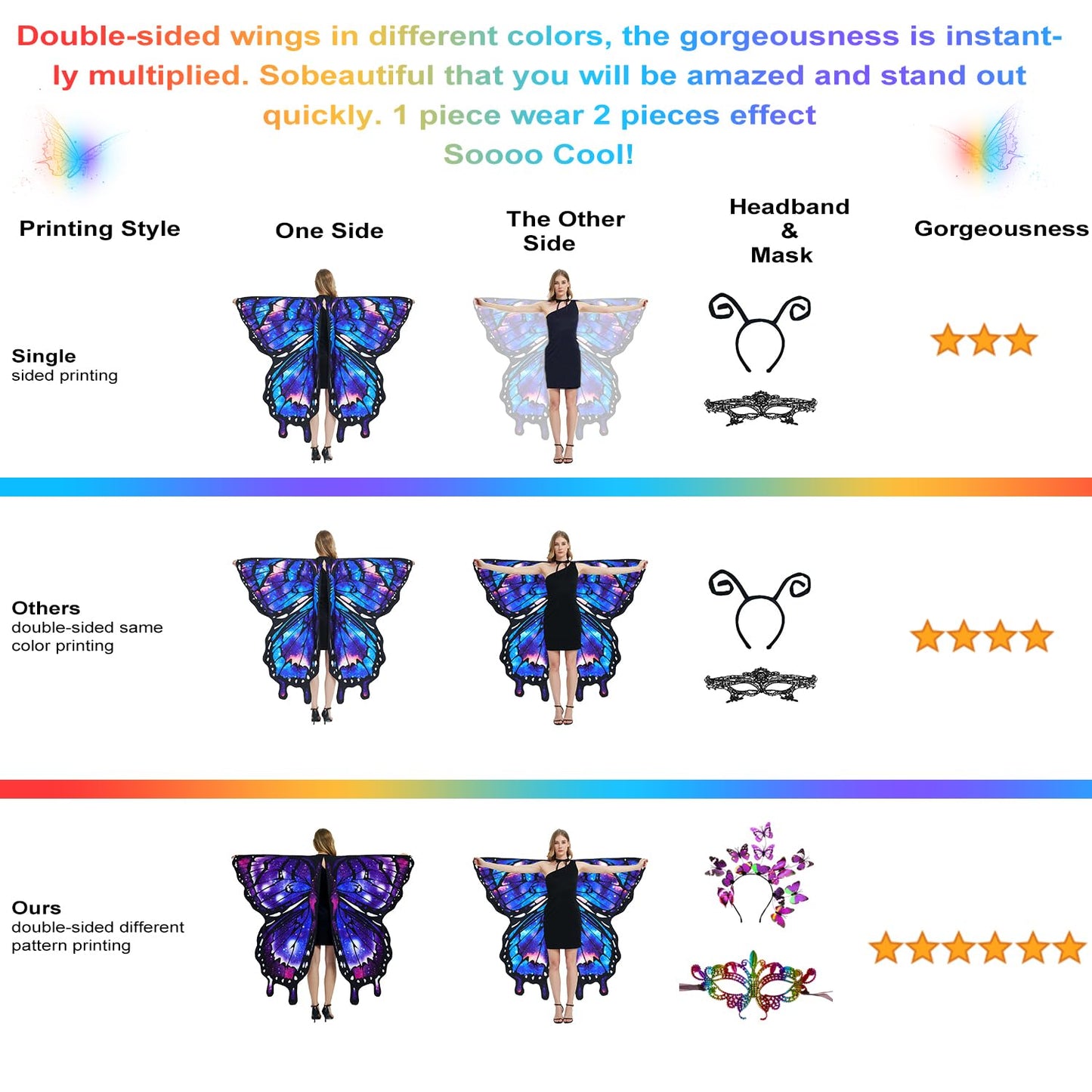 LYL. Ling Halloween Costumes Adult Women，Double-Sided Butterfly Wings Adults，Purple Butterfly Costume for Women，3PCS Fairy Wings Set.