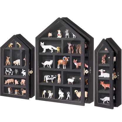 DoubleFill Set of 3 Wooden Trinket Display Shelf Shadow Box with Shelves 10 x 15 Inch Large Wall Mounted Display Storage Mini Figures Curio Trinket Medals Crafts Collections(Black,House Shape)