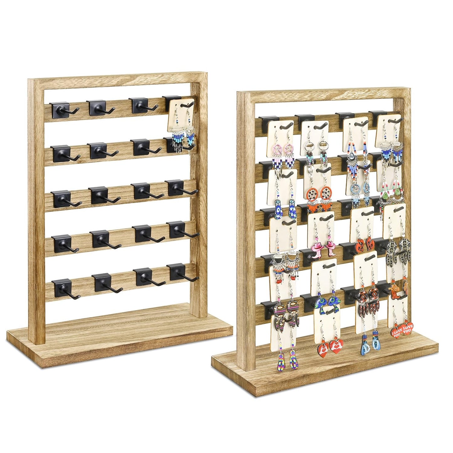 Ikee Design Free Assemble 2 Pcs Set Wooden Jewelry Display Rack with 20 Removable Metal Hooks/Each, Earring Display Holder Stand for Earring,Necklaces,Bracelet, Keychain Stand, Oak Color